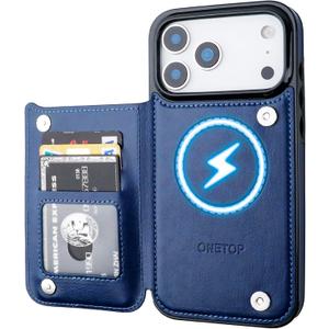 ONETOP Compatible with Magsafe for iPhone 17 Pro Max Wallet Case with Card Holder, PU Leather Kickstand RFID Blocking Case, Double Magnetic Clasp and Durable Shockproof Cover 6.9 Inch (Blue)