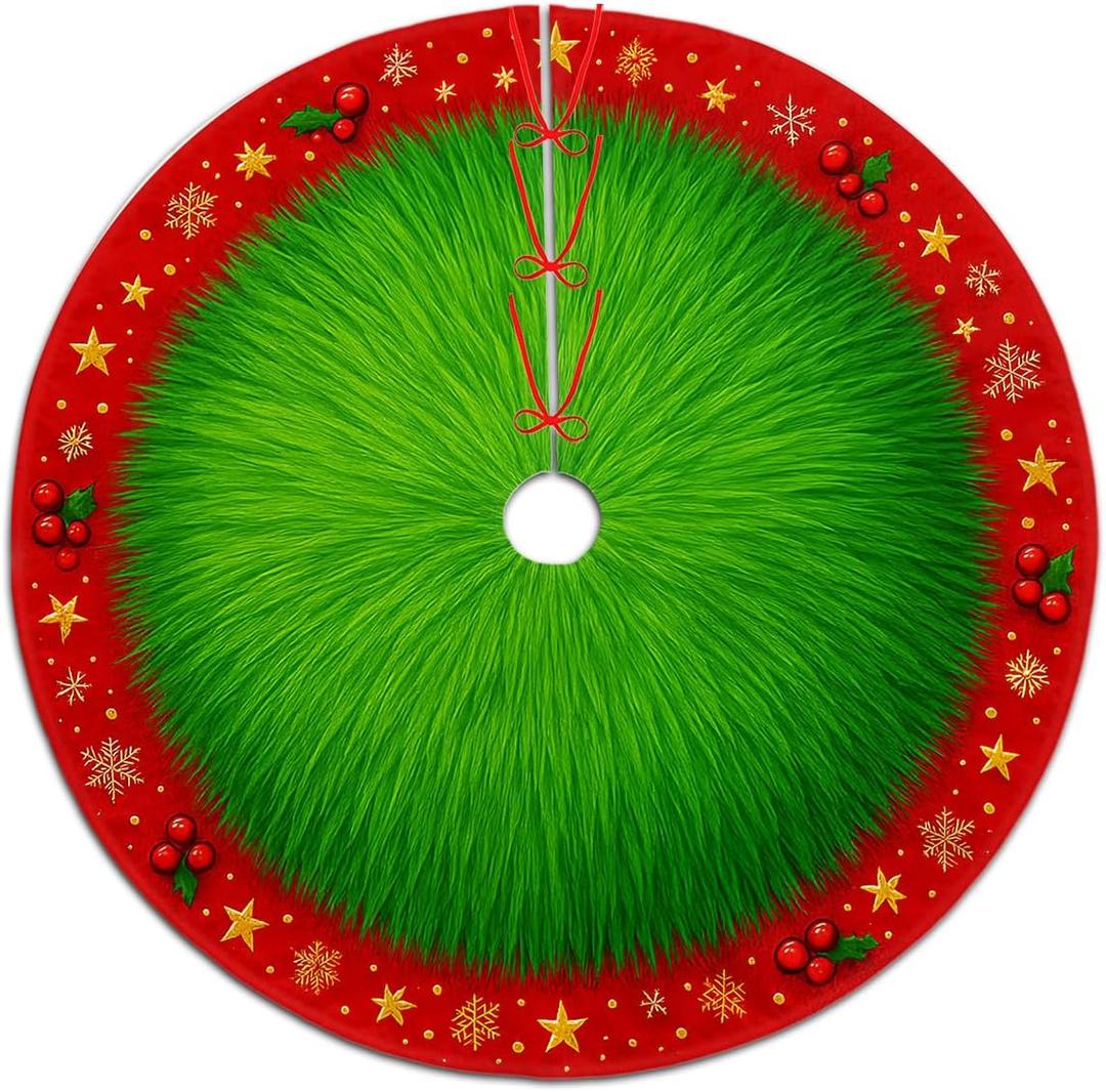 Christmas Tree Skirt 30 inch, Funny Green Red Star Snowflake Xmas Xmas Tree Skirt for Home Party Holiday Indoor Outdoor Decorations