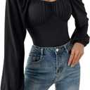 SURRO Women's Bodysuit Shirts Elegant Puff Long Sleeve Leotard Blouses Belly Hiding Tops Hook Closure