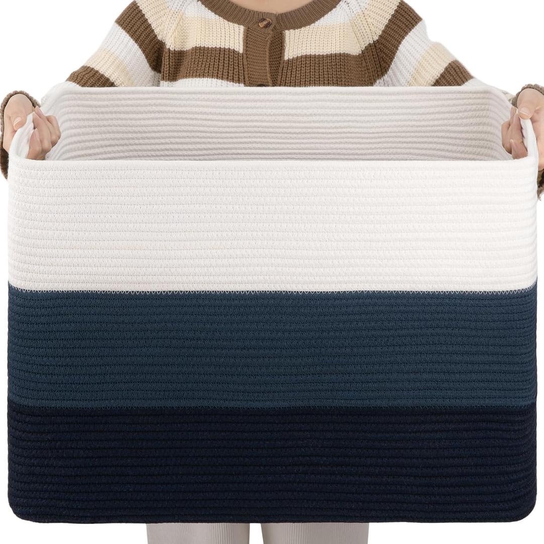 OIAHOMY 108L Large Cotton Rope Basket, Rectangle Woven Baskets for Storage, Nursery Blanket Storage Living Room, Toy Basket With Handle-25x16x16-Gradient Blue