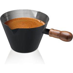 Espresso Cup, 6.8 oz/200 ml Stainless Steel Coffee Shot Measuring Cup with Wood Handle, Double V-Shaped Mouth and Clear Scale for Cappuccino Barista Coffee Bar Accessories, Black