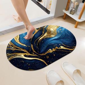 Blue and Gold Marble-Texture Super Absorbent Quick-Drying Bathroom Mat Rug, Rubber Non-Slip Bottoms, Easy to Clean,Ultra Thin Bathroom Rugs Fit Under Door and Bathtub(1624Inch)
