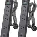 Pack of 2 Power Strip Surge Protector - 5 Widely Spaced Outlets 3 USB Charging Ports, 1875W/15A 6Ft Braided Extension Cord, Flat Plug Overload Protection, Wall Mount for Home Office Dorm Room Essentials