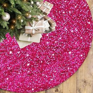 FOTSHARER Hot Pink Christmas Tree Skirt - 36 Inch Shiny Sequin Velvet Mermaid Glitter Tree Skirt - Perfect for Personalized Xmas Tree Decorations