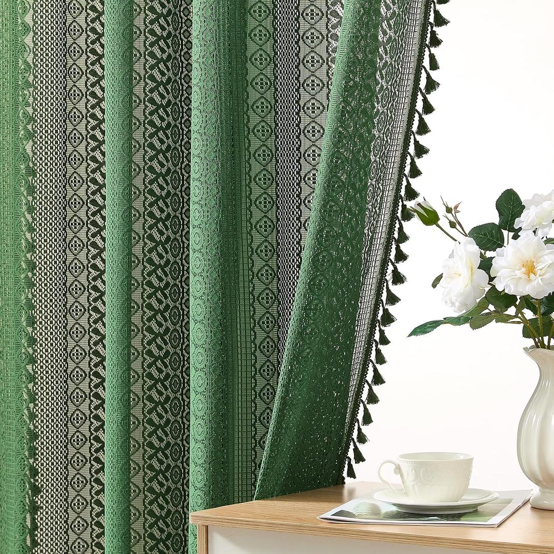 Emerald Green Boho Curtains 72 Inch Length, 2 Panels, W60 x L72 In, Geometric Stripes Crochet Sheer Lace Curtains with Tassels Rod Pocket Privacy Light Filtering Farrmhouse Christmas Window Curtain