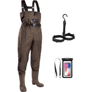 Chest Waders for Men with Boots, 2-Ply Nylon/PVC Waterproof Fishing & Hunting Waders for Men and Women (M7/W9, Brown)