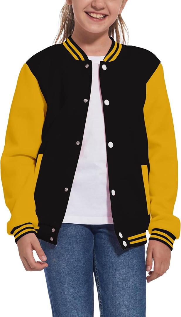 Mowbeat Kids Baseball Jacket Girls Bomber Jackets Boys Varsity Coats Top for Girl Sports Track Outerwear (Black Yellow, 6Years)
