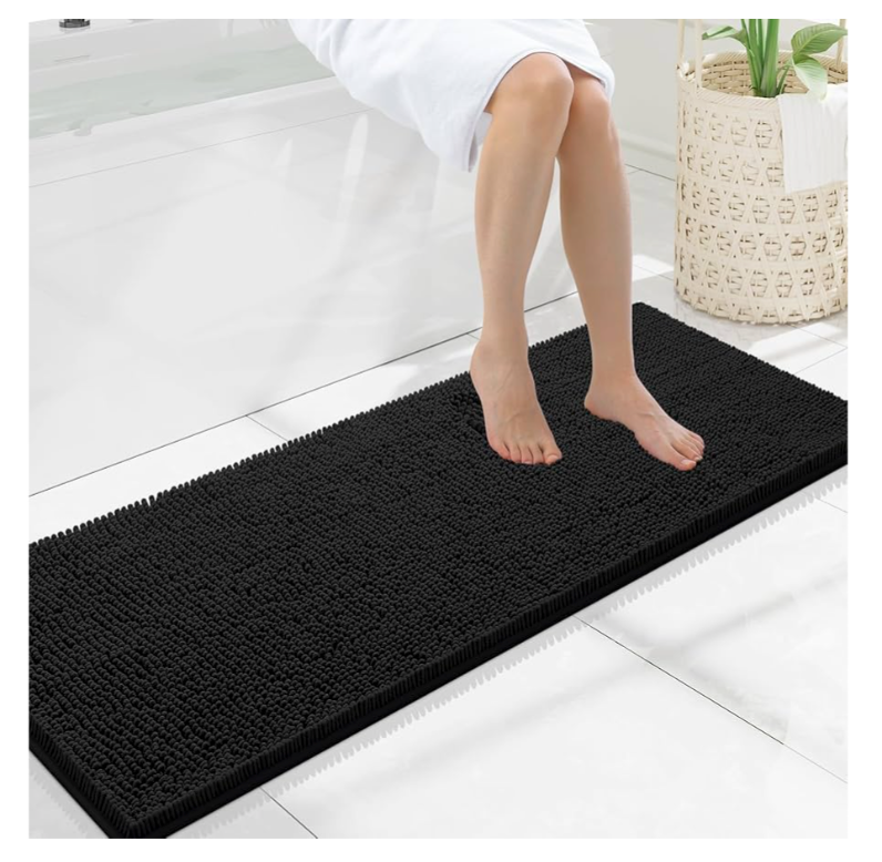 Smiry Luxury Chenille Bathroom Rugs 47x17, Extra Soft and Absorbent Shaggy Bath Mat, Machine Washable, Non-Slip Plush Carpet Runner for Tub, Shower, and Floor, Home Decor Accessories, Black