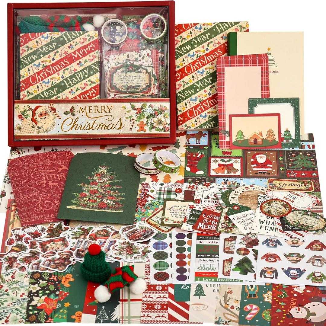 Christmas Scrapbooking Supplies Kit, Aesthetic New Year Festival Scrapbook Kits for Bullet Junk Journal, Stationery, Notebook, DIY Cute Journaling Supplies, Craft Christma Gift for Teen Girl Kid Women