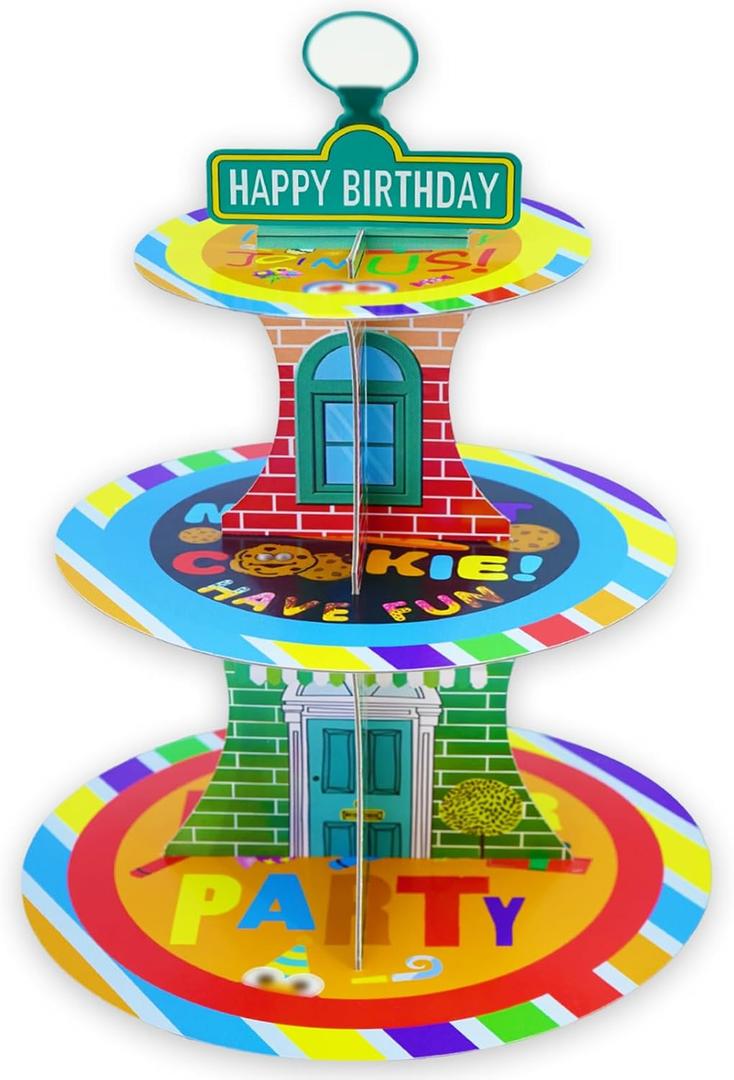 Cartoon Birthday Cupcake Stand, 3 Tier Paper Red Brick Wall Themed Cupcake Rack Birthday Party Decorations for Baby Shower Boys Girls Party Supplies, Colorful Cupcake Tower Dessert Stand