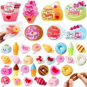 JOYIN 28 Packs Valentines Day Gift Cards with Candy Mochi Squishy Toys, Stress Relief Fidget, Cute Squeeze Toys for Kids Valentine's Party Favors, Classroom Gift Exchange and School Reward