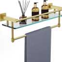Bathroom Glass Shelf with Towel Rack Organizer Wall-Mounted Bathroom Storage SUS304 Stainless Steel Track Wall-Mounted Tempered Glass Stainless Steel Shelf (Brushed Gold, 20-inch)