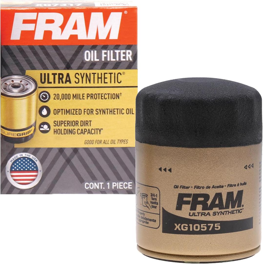 FRAM Ultra Synthetic Automotive Replacement Oil Filter, Designed for Synthetic Oil Changes Lasting up to 20k Miles, XG10575 with SureGrip (Pack of 1) (One Size)