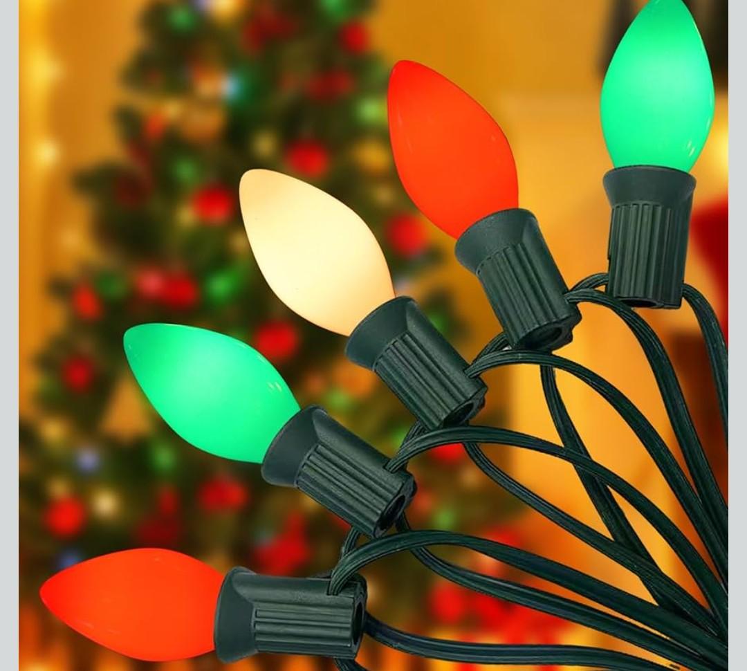 LED Christmas String Lights, 25FT Vintage Multicolor Lights with 27 Red/Green/White Ceramic LED Bulbs, Outdoor String Lights for Christmas Tree Party Backyard - Green