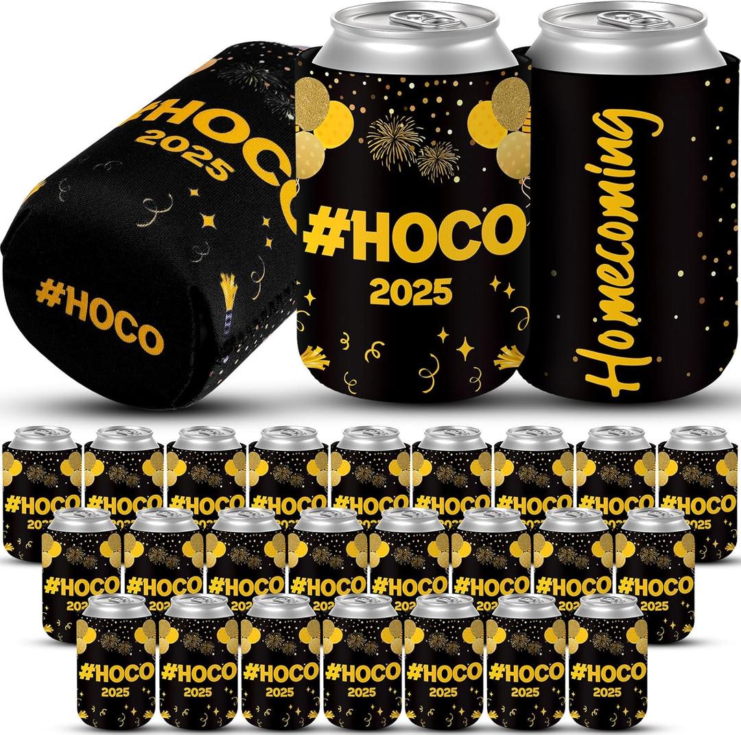 24 Pcs 2025 Homecoming Party Decorations Hoco Can Cooler Sleeve Drink Sleeves for 12 oz Beverage Can Black Gold for Welcome Back to School Homecoming Celebration Supplies