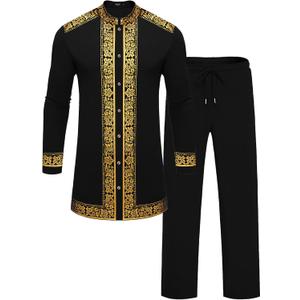 Mens African 2 Piece Set Nigerian Dashiki Metallic Traditional Suit Gold Stamp Printed Shirt and Pants Outfit, L