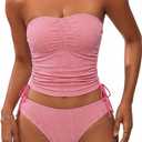 ZAFUL Women's Bandeau Tankini Swimsuit Asymmetrical Slit Bowknot String High Cut Fairyland Cheeky Bathing Suit, Large