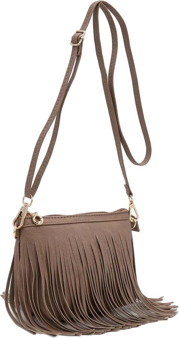 FashionPuzzle Small Fringe Crossbody Bag with Wrist Strap (Taupe)