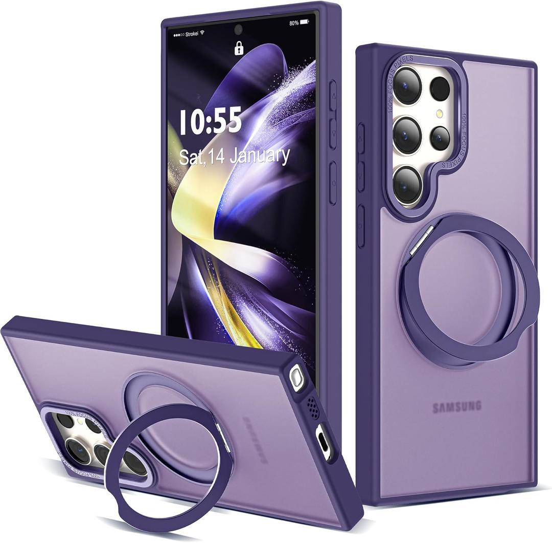 Compatible with Samsung Galaxy S22 & S23 Ultra Case with 360Rotatable Magnetic Ring Stand Compatible with Mag-Safe Military Protection Shockproof Translucent Phone Case,Dark Purple