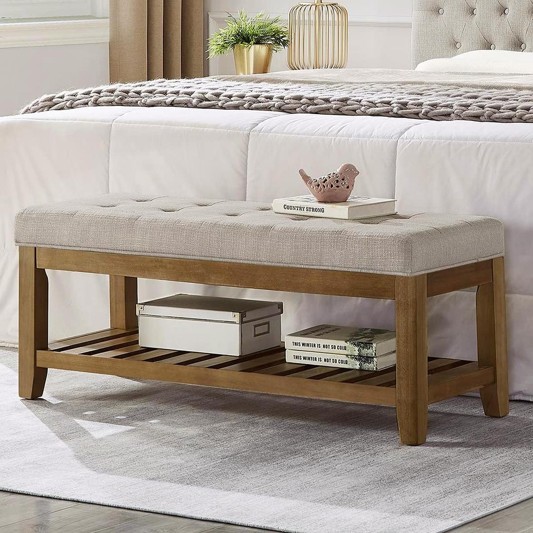 24KF Large Rectangular Upholstered Tufted Linen Fabric Ottoman Bench, Padded Bench with Solid Wood Shelf-Linen (16"D x 44"W x 18"H)