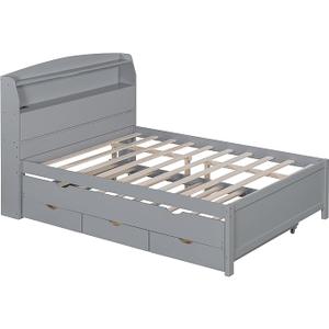 Merax Full Size LED Platform Bed with USB Outlets, Modern Wooden Bed Frame with Trundle, Storage Headboard and Drawers, No Box Spring Needed, Gray