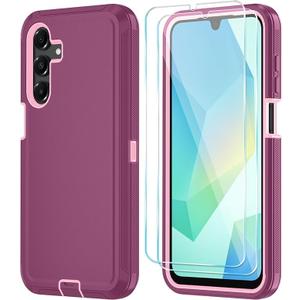 Qinmay Phone Case for Samsung Galaxy A17 5G Case, Galaxy A16 5G Case with HD Screen Protector, Heavy Duty Shockproof 3-Layer Cover Phone Case for Galaxy A17 / A16 WineRedPink