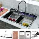 30 Inch Waterfall Smart Kitchen Sink -Wesliv 30x18 Waterfall Kitchen Sink Stainless Steel Digital Display Pull-Out Faucet 18 Guage Single Bowl Sinks with Cup Washer & Soap Dispenser