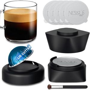 NESSUS Refill Kit for Reusable Nespresso Vertuo Pods, Lid Quick Opener for Original Seal, 50PCS Aluminum Foil Lids, Tamp & Press Refillable Vertuo Capsules Holder and Brush