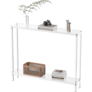 Acrylic Narrow Console Table for Entryway, 7.6" D x 39.4" W x 31.5" H, Cylindrical Legs, Skinny Entry Table for Sofa, Foyer, Hallway, Living Room, Modern, 2-Tier, Clear
