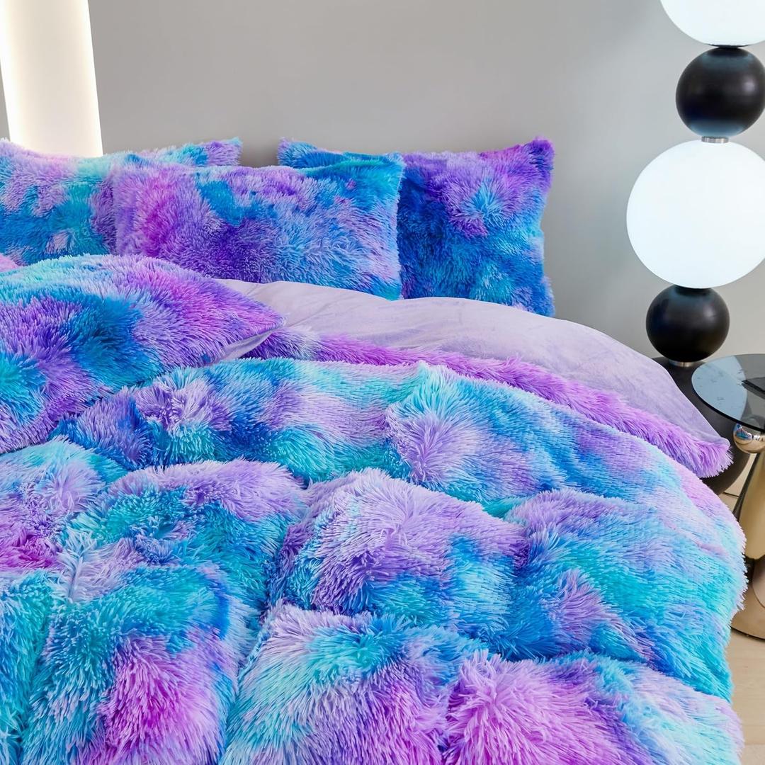 RYNGHIPY Shaggy Bedding Set for Girls Bluey Purple Tie Dye Faux Fur Duvet Cover Set Full Size Fluffy Plush Velvet Comforter Cover Pillowcases (Blue Purple, Full)