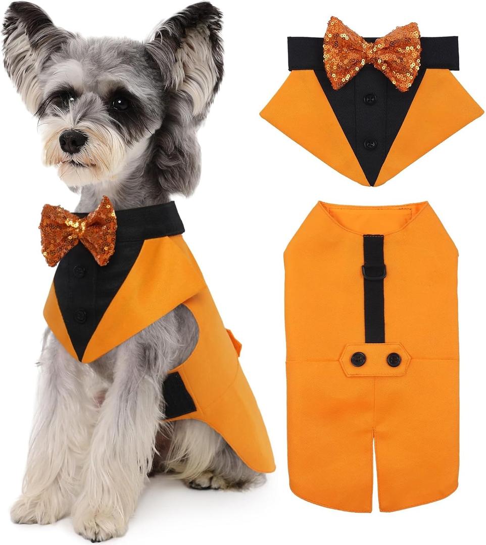 Kuoser Dog Tuxedo Suit and Bandana Set, Pumpkin Color Dogs Thanksgiving Outfit Adjustable Dog Halloween Costume with Bow Tie for Large Medium Small Dogs Golden Retriever Samo Bulldogs, M (Medium (pack of 1))
