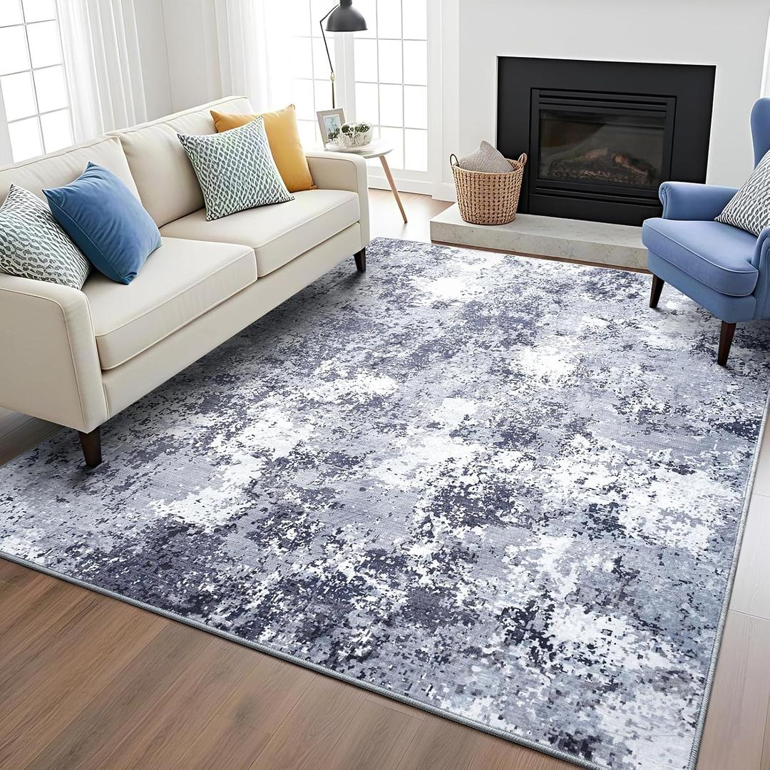 Modern Abstract 4x6 Rug, Soft Washable Area Rug for Bedroom, Non Slip Thin Foldable Low Pile Stain Resistant Carpet for Living Room Dining Room Home Office Decor, Blue White