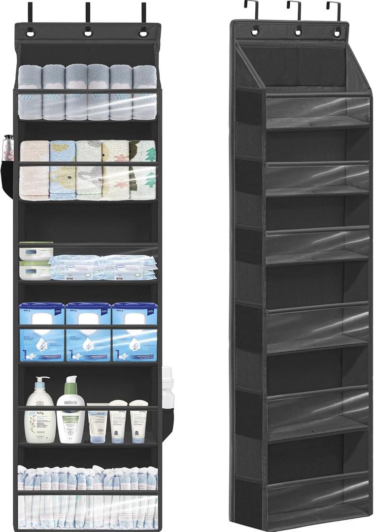 Over Door Organizer with 6 Extra Large Pockets 12 Side Pockets, Sturdy Closet Storage Rack, Hanging Storage Organizer with Clear Window for Shoes, Diapers, Toys, Bedroom, Bathroom, Black