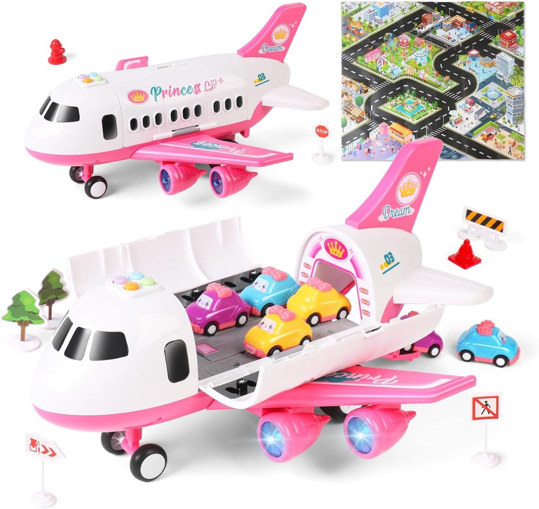Dwi Dowellin Pink Airplane Toy with 6 Truck Cars and Play Mat,Plane with Lights and Sounds for 3 4 5 6 7 Years Old Toddlers Boys and Girls