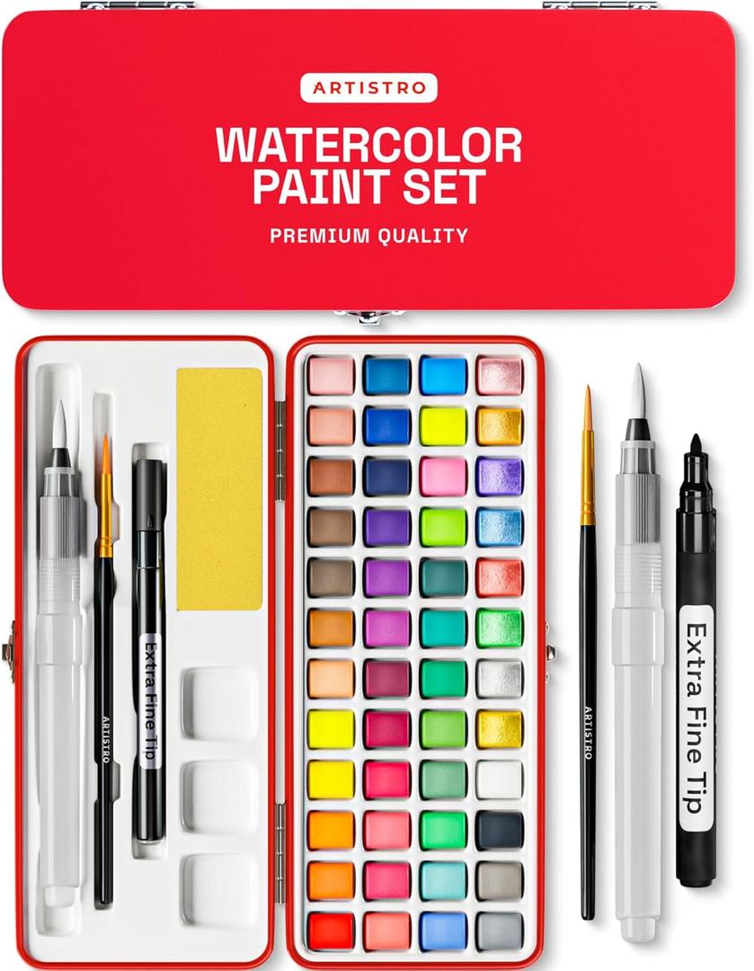 ARTISTRO Watercolor Paint Set in Portable Box, Includes Metallic and Fluorescent Paints, 2 x Brushes, Watercolour Paper, Acrylic Markers, Travel  Kit for Artists and Beginners