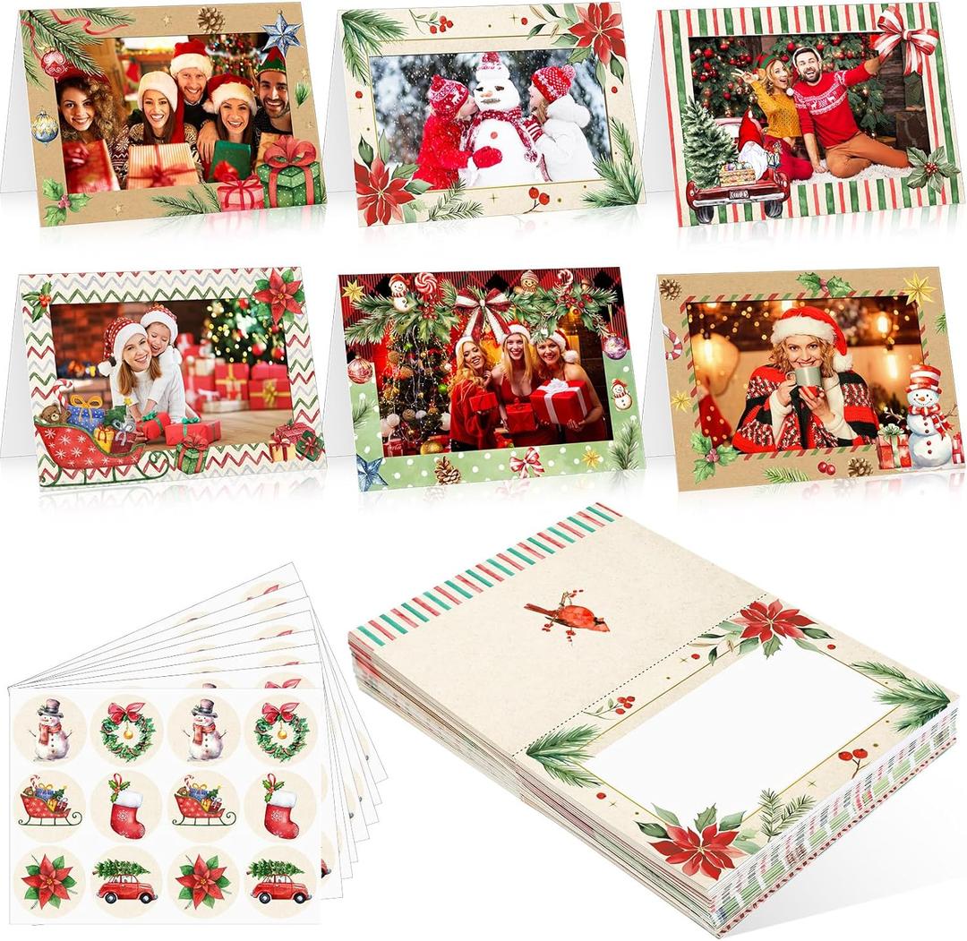 Funrous 48 Set Christmas Photo Cards with Envelopes Stickers Christmas Card with 4 x 6 Photo Insert Picture Frame Holder DIY Crafts for Xmas Party Favors Gift Holiday Greeting Supplies(Vintage)