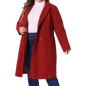 Agnes Orinda Plus Size Long Coats for Women Notched Lapel Winter Warm Double Breasted Coat (2X, Dark Red)