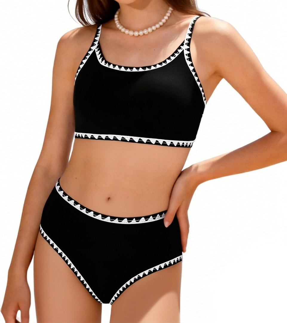 FtcoDcik Girls Swimsuit Double Strap High Waist Sporty Bikini Swimsuits Summer Beach 2 Piece Bikini Sets(11 Years) Black (Black)