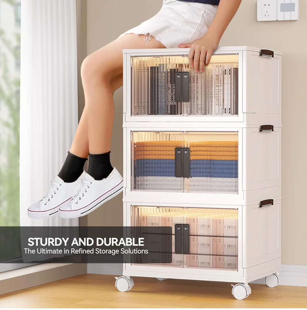 12.5Gal Stackable Storage Bins - Storage Bins with Lids, Folding Storage Boxes with Doors and Wheels, Suitable for Living Room, Bedroom, Make Your Storage Easier(3 pack)