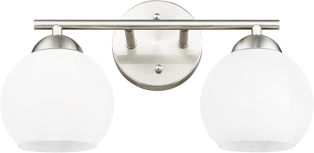 Emak Modern Globe Vanity Lights, Brushed Nickel Bathroom Light Fixtures, 2-Light Bathroom Vanity Light with Milk Glass Shade, VL114-BN-ML-2