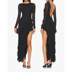 Capuffy Womens Long Sleeves Backless Maxi Dress Mesh Tassel Ruffle Side Split Bodycon Dress Siobhan Evening Party Dress 350, Size M