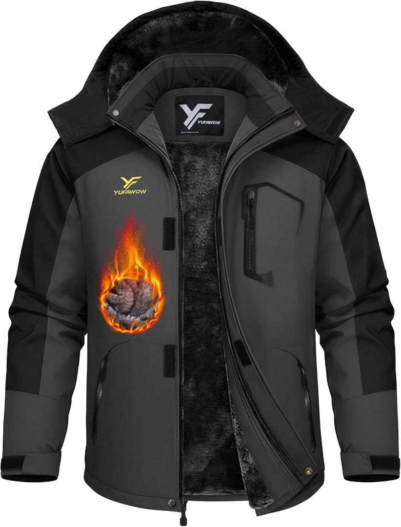 Men Winter Jacket Work Coat Waterproof Windbreaker Heavy Softshell Heat Warm Thermal Insulated Ski Snow Snowboard (Large, Black Dark Grey)