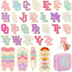 72 Pcs Preppy Chenille Patches Self Adhesive Embroidered for DIY Clothing,Include 52 A-Z Chenille Letter Patches Stickers,20 Rainbow Flower Lighting Bowknot Stick on Patches for Bags Backpacks Hats