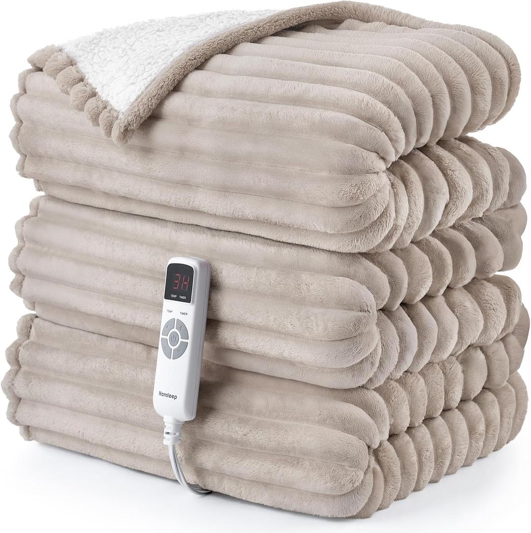 Hansleep Heated Blanket Electric Blanket Throw, Heating Blanket with 9 Heating Levels and 10-Hour Timer Auto Shut Off, Washable Soft Warm Winter Blanket, 50 x 60 Inches, Linen (Lien)