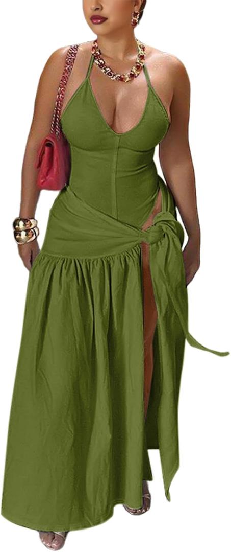 Two Piece Skirt Set Women Sexy Halter Backless Bodysuit and Wrap Tied High Split Summer Maxi Skirt Set, Army Green, Small