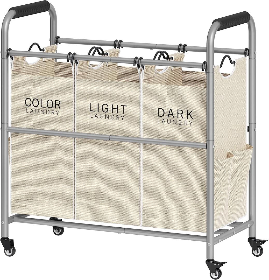 Tajsoon 3 Bag Laundry Sorter Cart, Laundry Hamper Sorter Basket with Heavy Duty Lockable Rolling Wheels for Clothes Storage, Beige