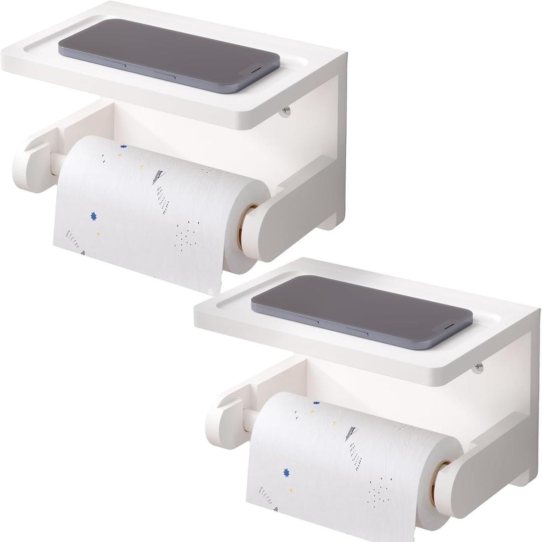 VERTORGAN 2 Pack Toilet Paper Holder with Phone Shelf,Bamboo Wall Mounted Tissue Roll Holder for Bathroom (White)