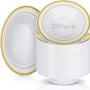 Jinei 200 Pieces 6 oz Plastic Bowls with Rim Small Disposable Soup Bowls for Dessert Salad Soup Candy Wedding Thanksgiving Catering Holidays Party Supplies (White,Gold Rim)