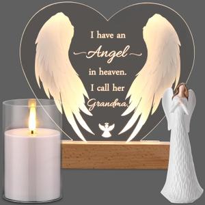 Sympathy Gifts for Loss of Loved One,Clear Acrylic Night Light LED Candle and Angel Memorial Bereavement Gifts for Grandmother Mother's Day in Heaven Memorial Ornament(Heart,Grandma)