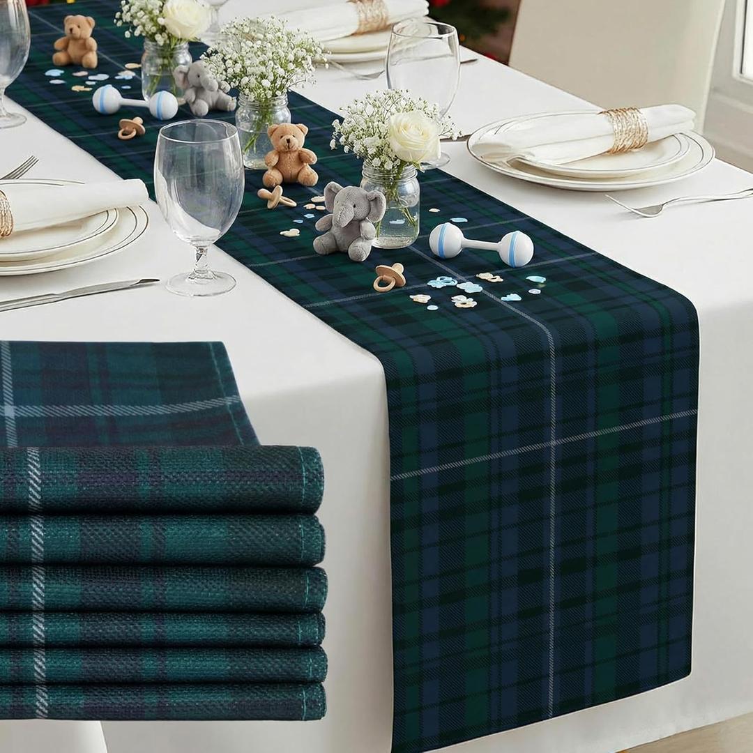 6 Pcs 72 x 13'' Tartan Plaid Bear Babyshower Table Runner Vintage Birthday Party Decoration for Baby Shower Theme Party Table Runner Dining Room Home Kitchen Decor (Green and Blue)